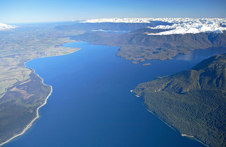 Aerial photo of Lake Te Anau with mountain ranges